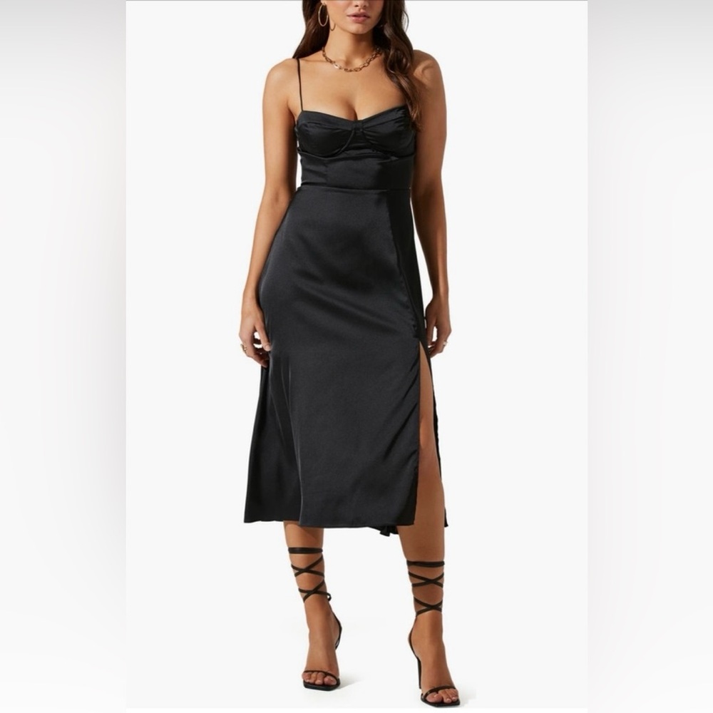 ASTR The Label Black Satin Bustier Underwire Midi Dress with Spaghetti Straps